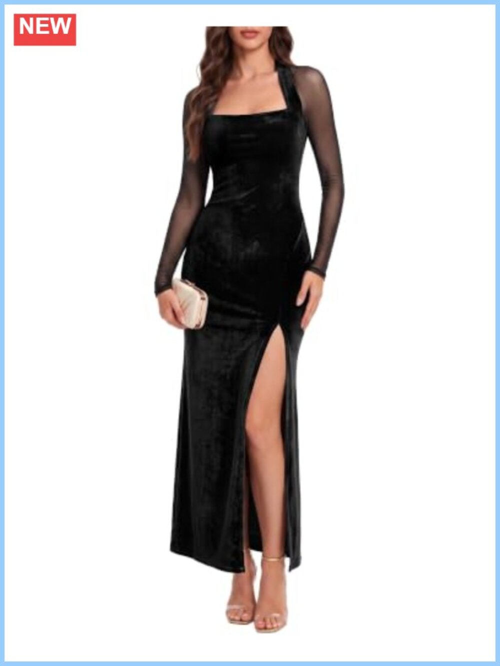 Velvet Maxi Dress Square Neck Long Sleeve High Slit Formal Gown